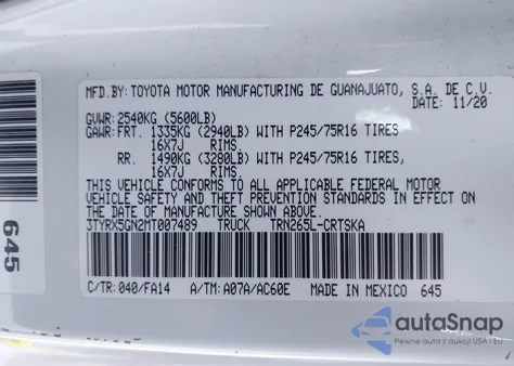 2021 Toyota Tacoma Sr from USA, damaged, VIN 3TYRX5GN2MT007489